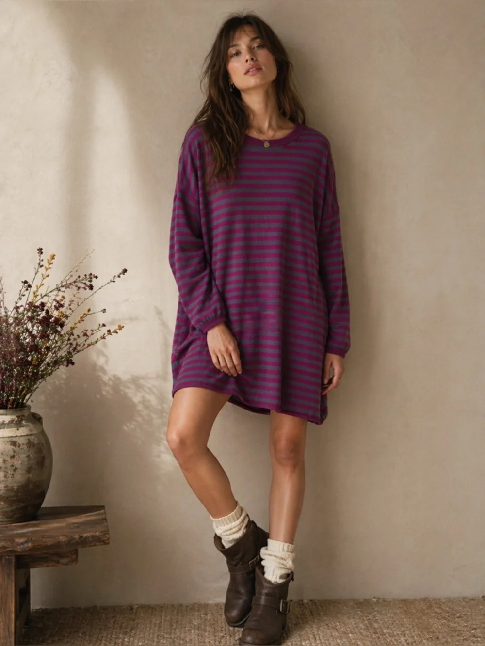 Marimekko Women’s Oversized Knit Sweater Dress Sz M Pink Grey Striped 100% Wool - Picture 1 of 10
